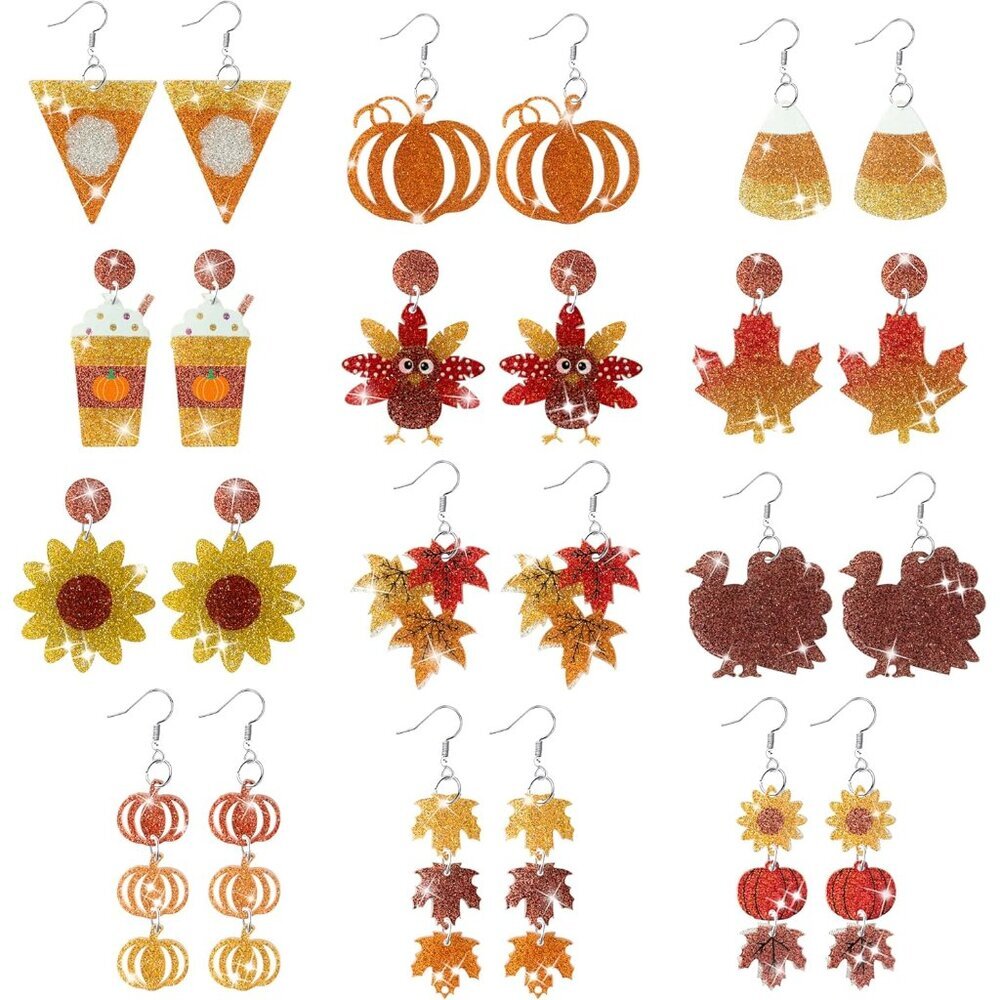 Fall Glitter Acrylic Earrings - 12 Pairs Fall Leaf Turkey Maple Pumpkin Sparkly